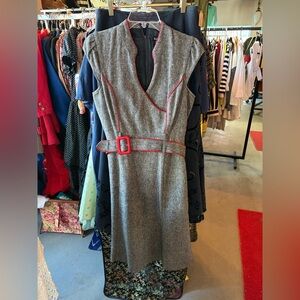 le chateau Gray Midi Tweed like Dress with Red Trim and Belt